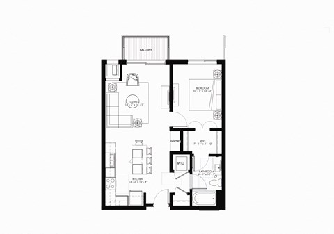 Floor plan for 1 bed, 1 bath, 743 sqft